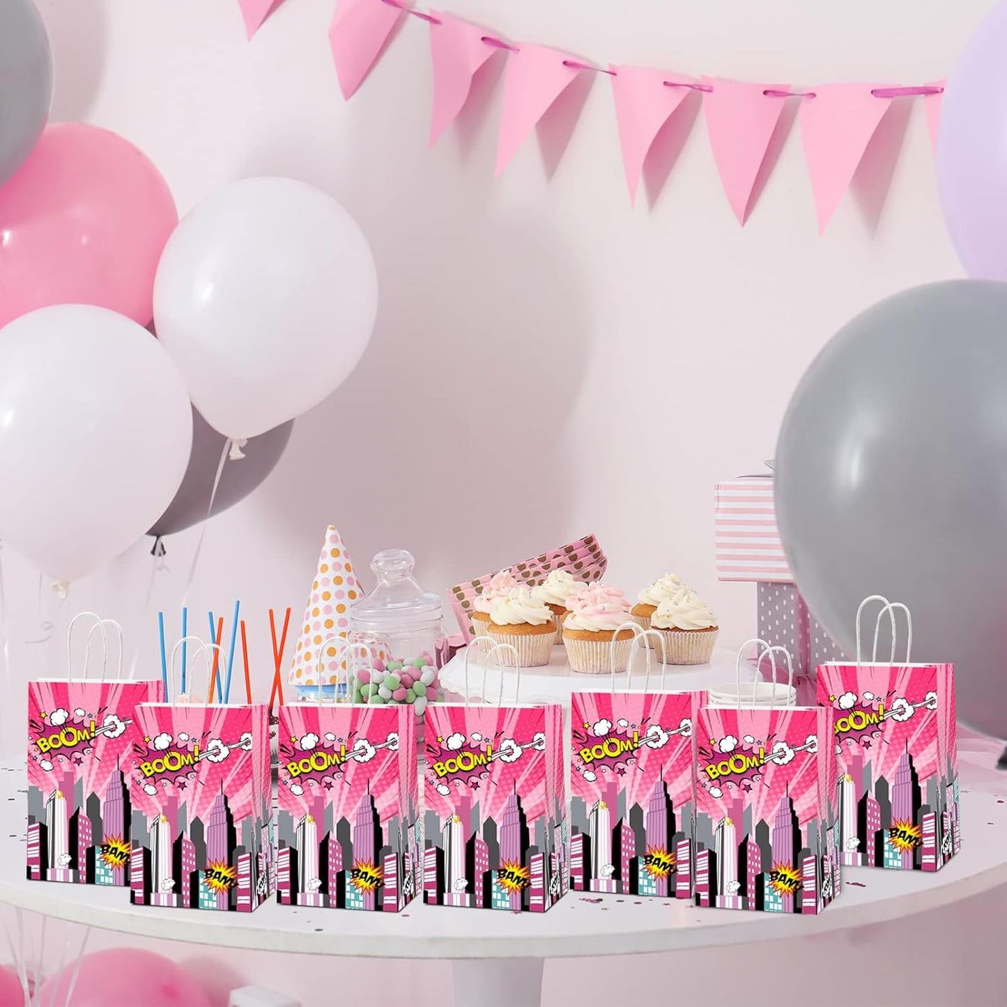 gisgfim 12 Pcs Super Girl Theme Party Supplies Bags Pink Hero Birthday Party Goody Treat Paper Bags Party Decorations Super Girl Theme Baby Shower Birthday Party Gifts 8.3 x 4.7 x 3.2 Inches
