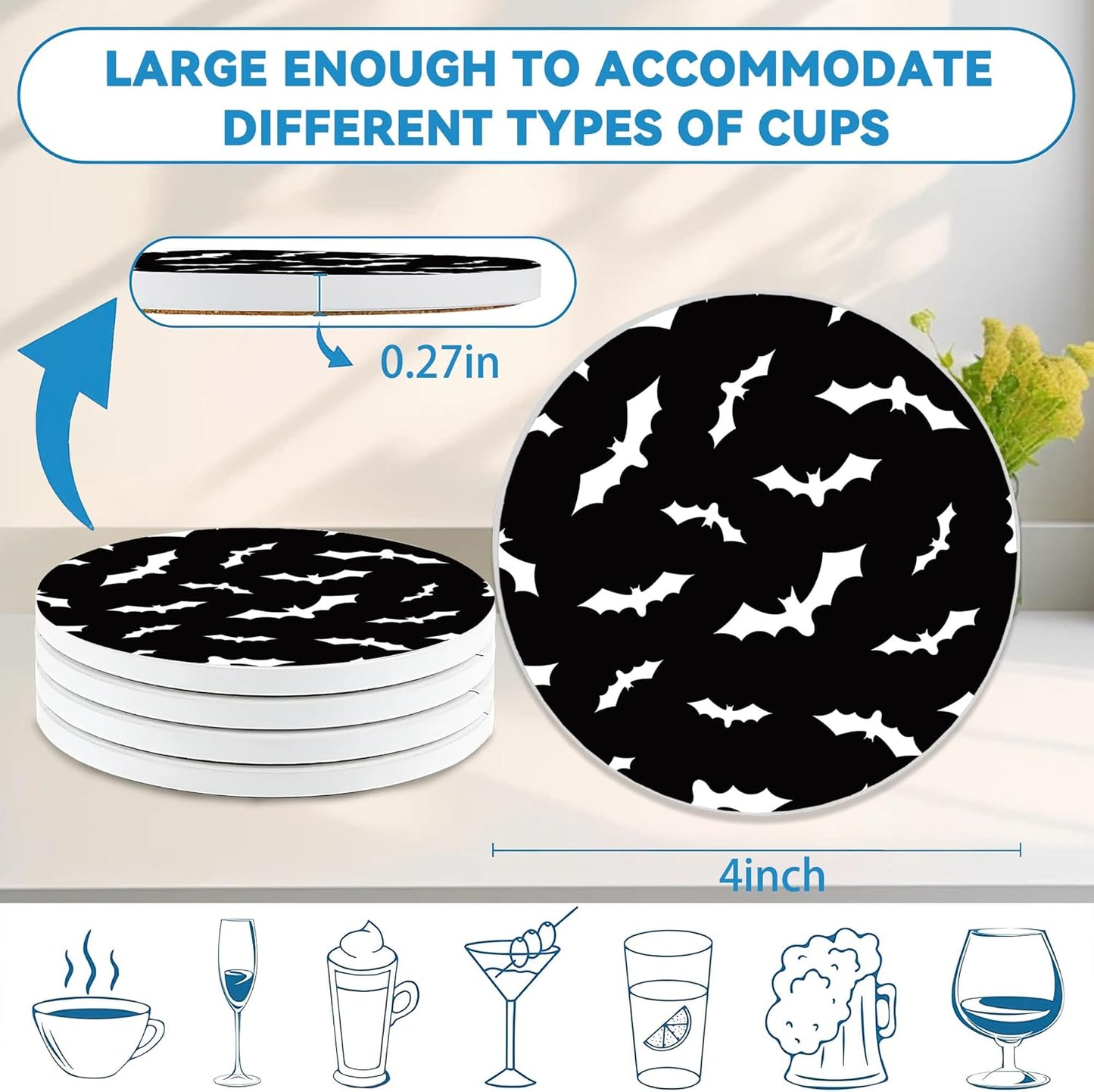 Drinks Coasters Set of 4, Bat Round 4" Cup Coasters, Absorbent Ceramic Stone Coasters with Cork Base, Cute Coasters for Table Home Décor, Ideal Gifts for Women Men