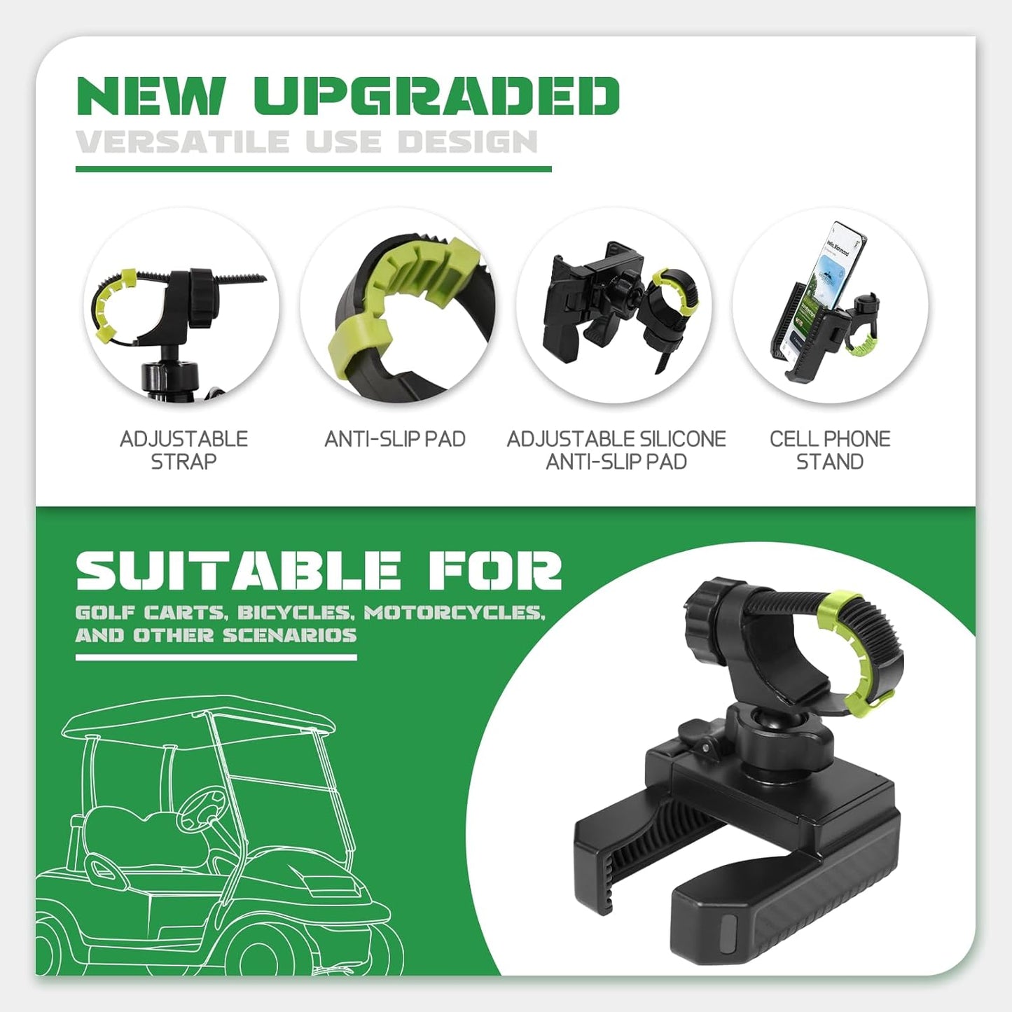 Golf Cart Phone Holder for EZGO Club Car Yamaha, Widely Use for Golf Push Cart Motorcycle Bike Treadmill Scooter Phone Mount, Compatible with iPhone/Samsung/Pixel All Phones, Golf Cart Accessories