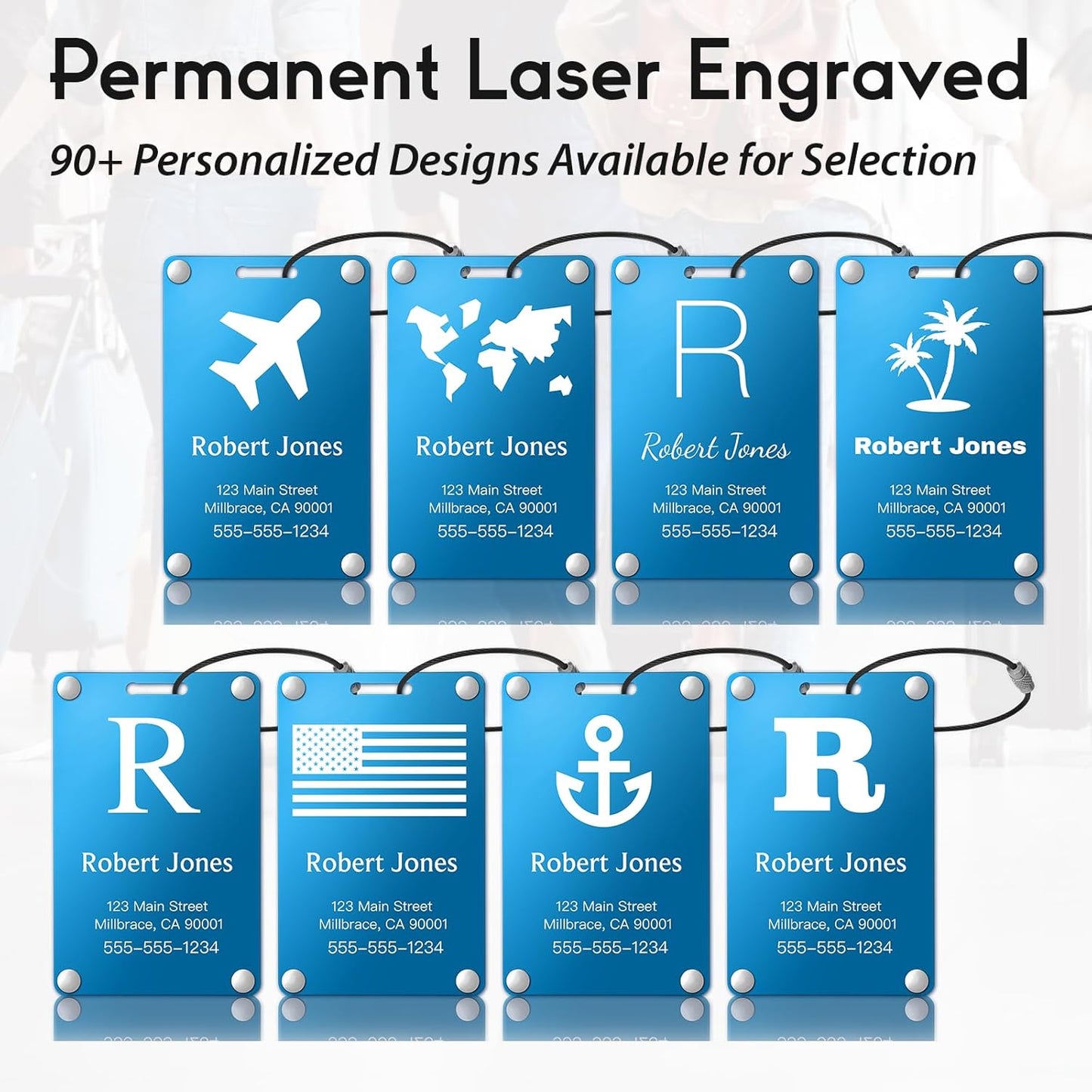 Personalized Luggage Tags: Custom Metal Luggage Tags for Suitcases, Backpacks and Bags with Your Personalized Text (Blue)