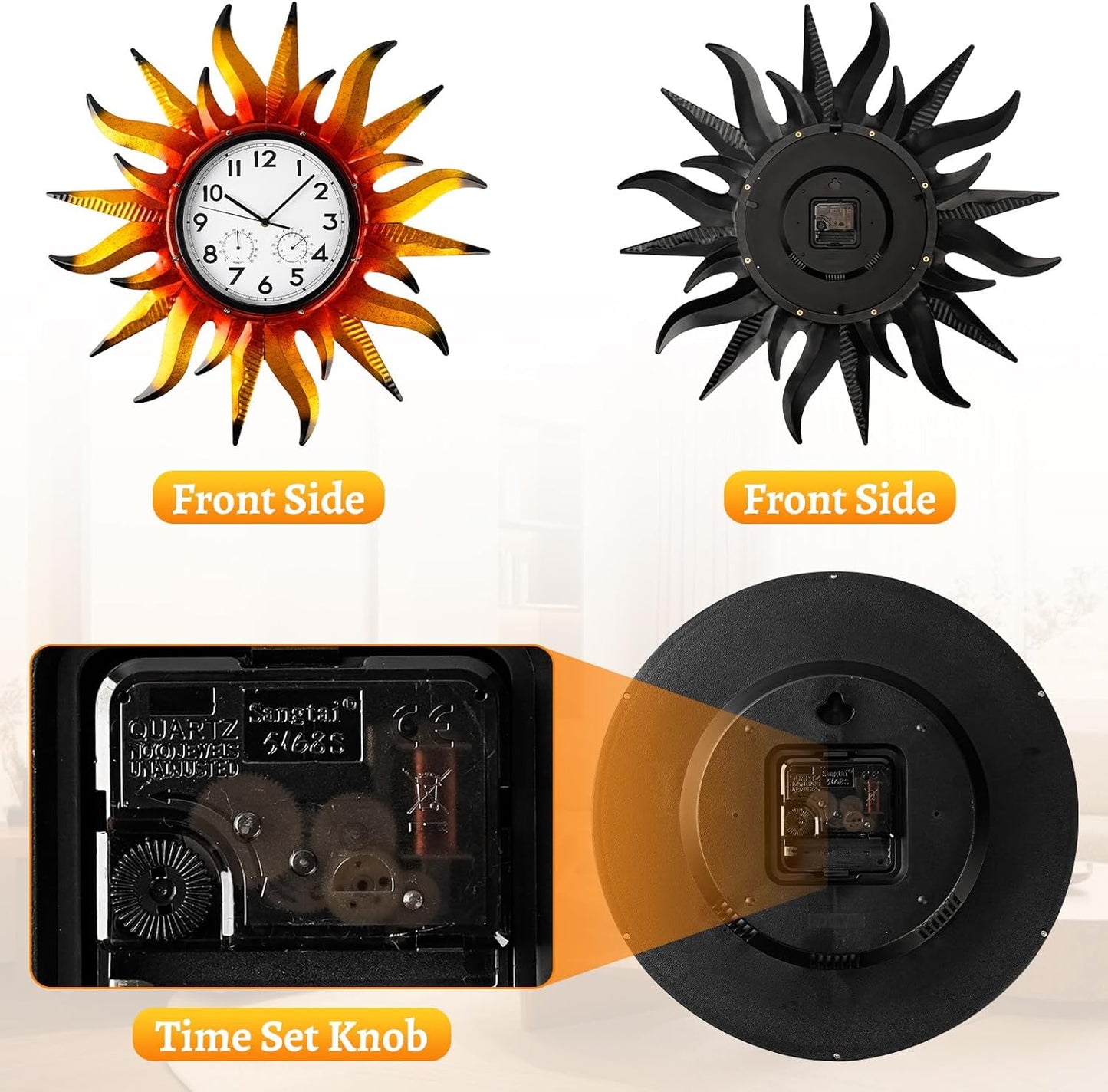 25-Inch Sun-Shaped Outdoor Clock and Thermometer Set, 10-Inch Dial, Battery Powered, Waterproof, Silent Quartz Movement (Yellow)