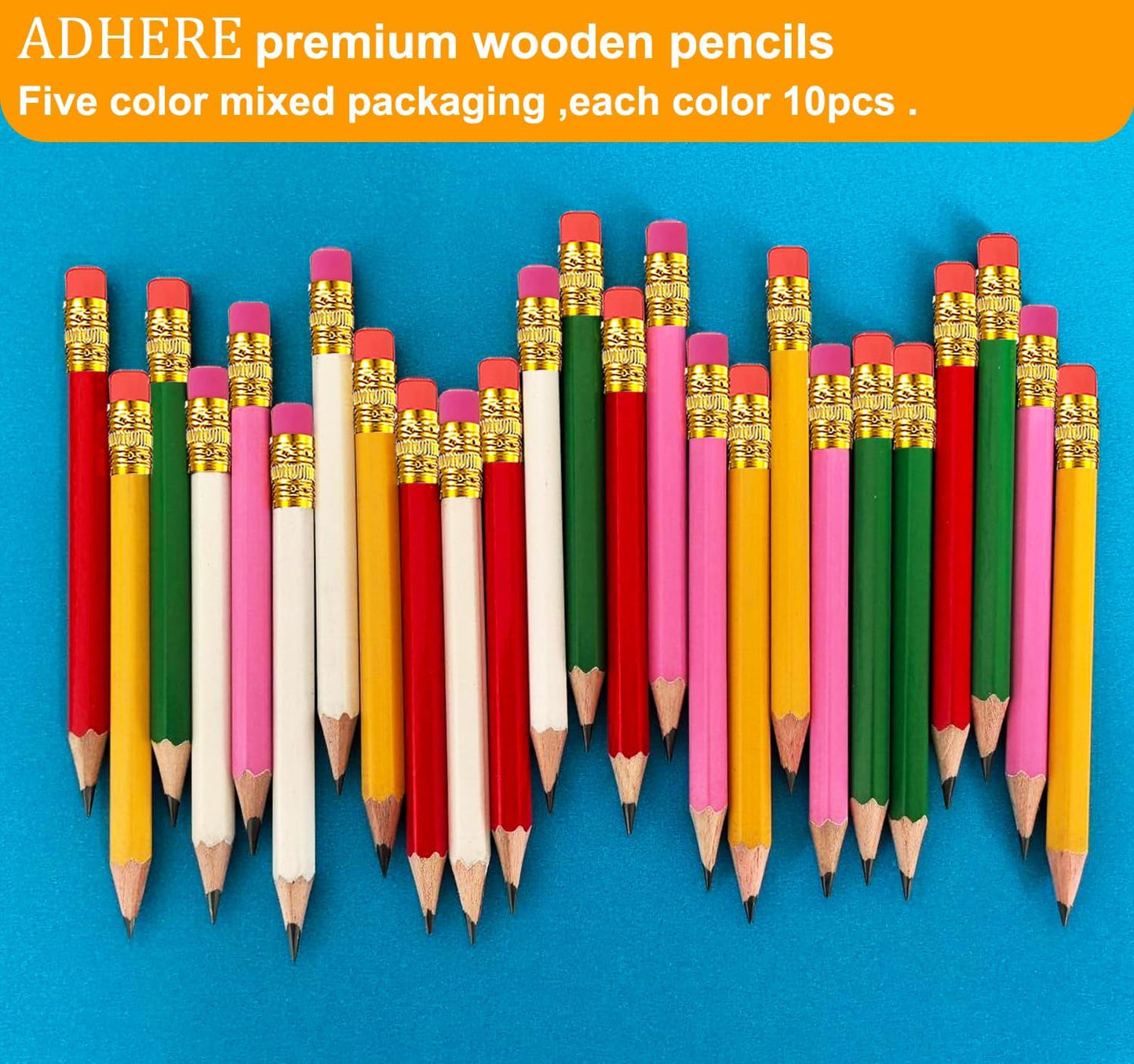 Adhere 25pcs Golf Pencils with eraser Hexagon Wooden Pencils Graphite 2B for Golf Event Scoring,Classroom,Wedding,Company Meetings,Pew, Pocket (Z- White・Pink・Red・Yellow・Light green・50pcs)