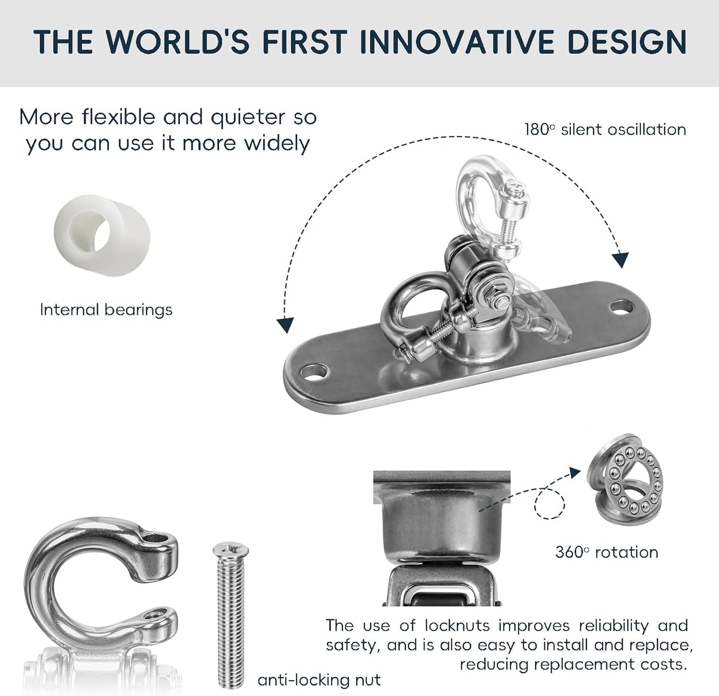 Heavy Duty Stainless Swing Hanger with Smooth Bearings 180°+360°Swing Hardware, 1500 lb Capacity Playground Yoga Hammock Chair Sandbag Porch Swing Bag