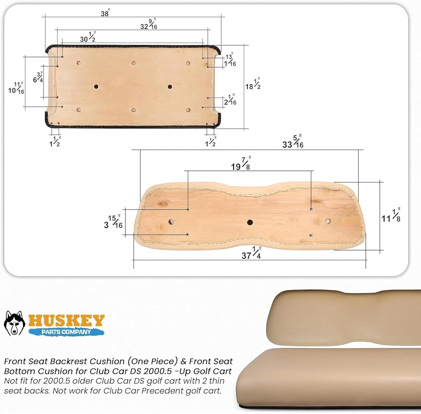 Huskey Parts Company Golf Cart Seat Cushion Set for Front Seat Lean Back & Bottom, Beige Color for Club Car DS 2005 and Up, Golf Cart Front Seat Replacement with Mounting Hardware and Hinges
