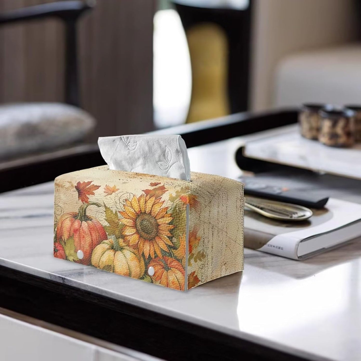 Sunflower Pumpkin Tissue Box Cover PU Leather Tissue Box Holder Thanksgiving Day Napkin Dispenser Rectangular PU Leather Protective Cover Modern Home Car Office Hotel Decor