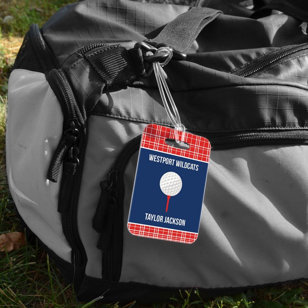 ChalkTalkSPORTS Golf Luggage & Bag Tag | Personalized Team with Golf Ball | Standard Lines on Back | Medium | RED/Navy