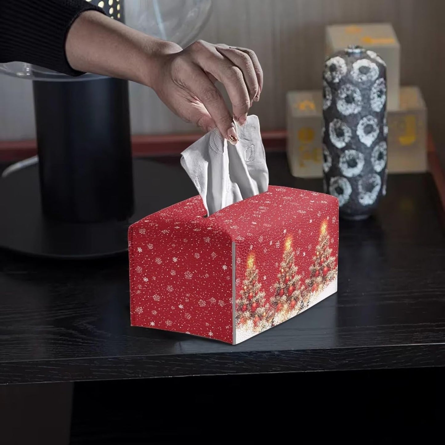 Christmas Tree Tissue Box Cover Rectangle Leather Tissue Box Holiday Home Decor Tissue Holder for Home Office Bathroom Desk Red