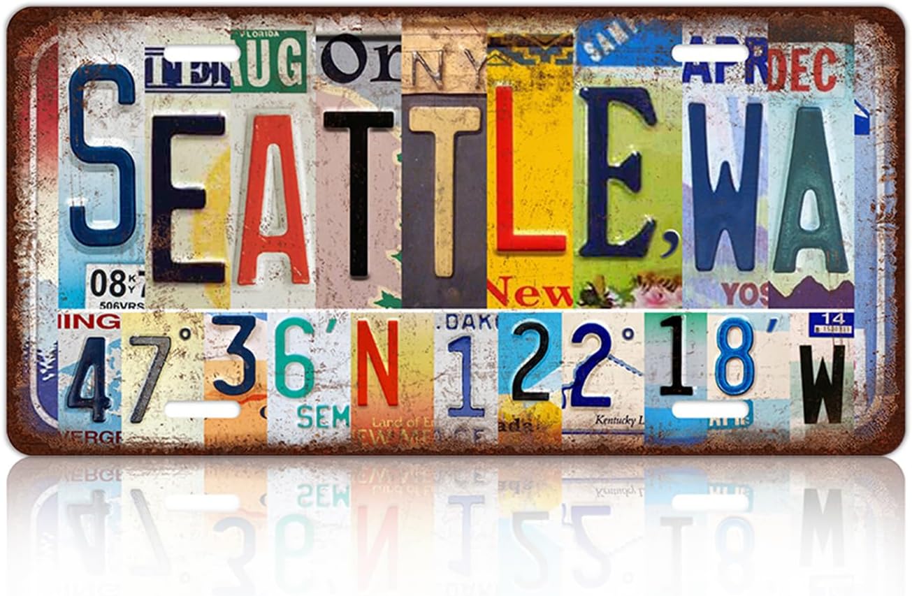 Vintage City License Plate Seattle,Wa Wall Decor Metal Tin Sign for Bar Home Bedroom 12 x 6 Inches （Including latitude and longitude）