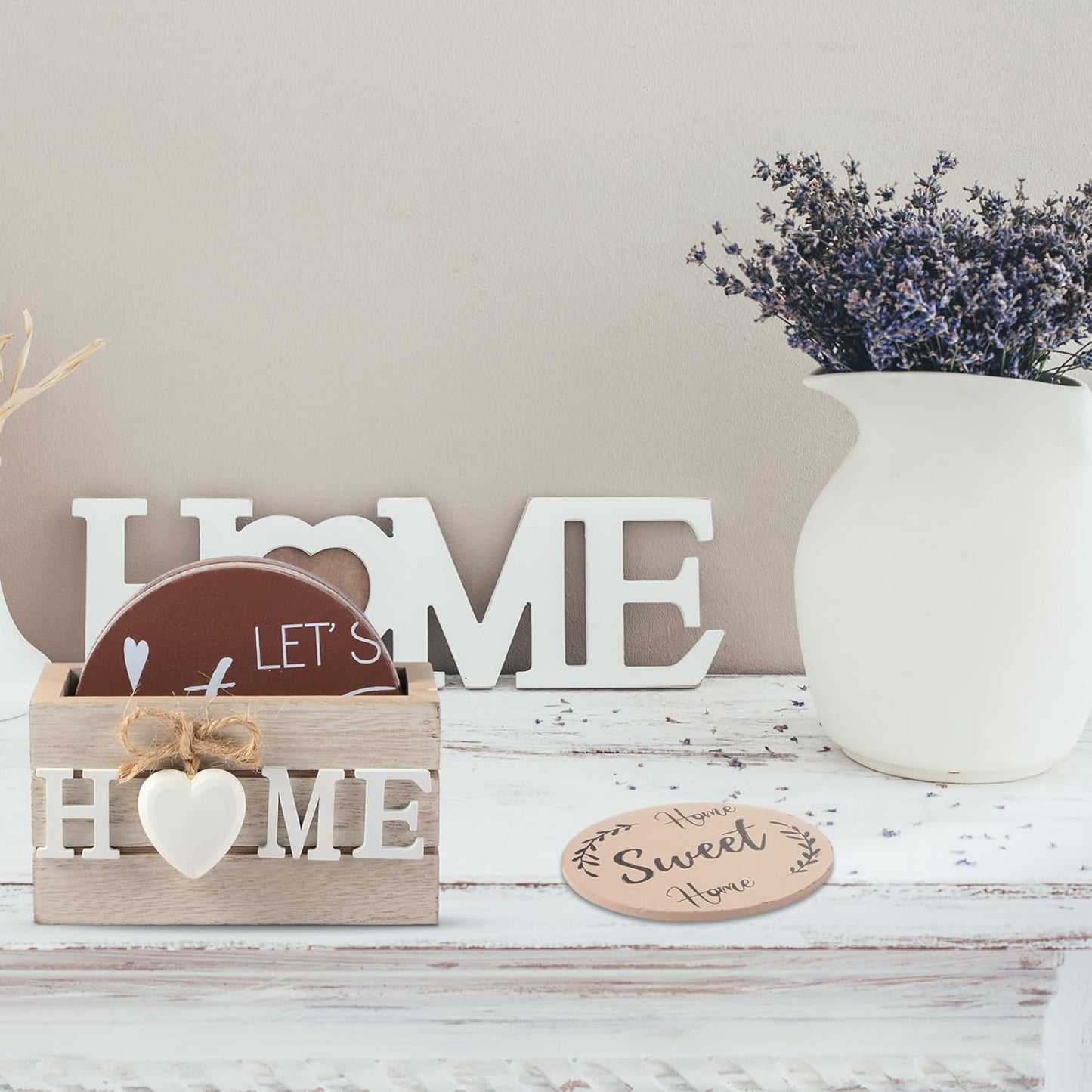 Queekay Housewarming Gifts for Home Decoration Wooden Heart Coasters for Drinks 6 Set Farmhouse Coasters with Holder Funny for Family Coffee Table Protection, 4''(Light Brown)