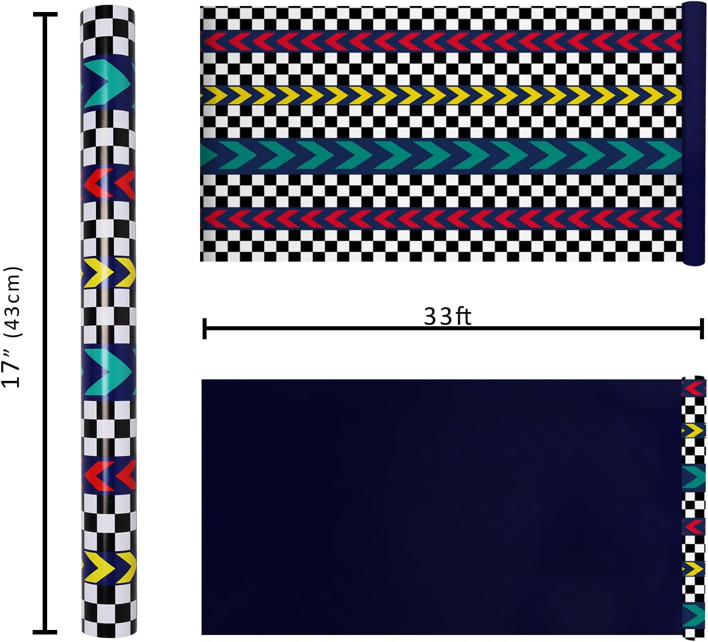 LaRibbons Race Car Reversible Wrapping Paper Mini Roll, Race Track and Checkered Flag Design, Perfect for Kids and Boys Birthdays, 17" x 33'(46.7 sq. ft)