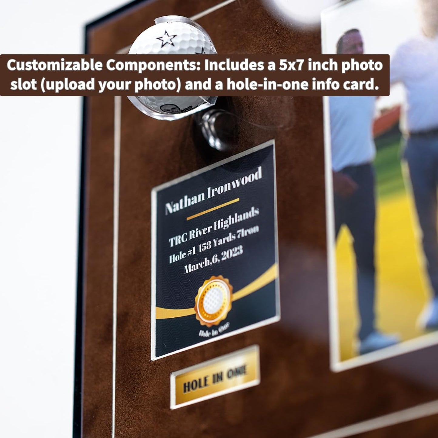 One-Shot Victory Golf Ball Display Frame – Acrylic Case with External Ball Mount, Custom Photo & Nameplate, Brown Suede Mat, Elegant Golf Keepsake Gift
