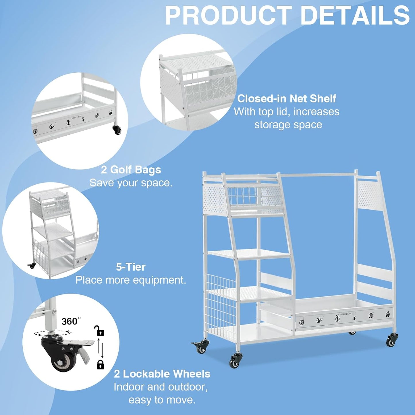 Lauren&Harold Golf Bag Organizer Garage Storage, Golf Storage Rack Stand Fits 2 Golf Bags, Golf Clubs and Other Golfing Equipment Accessories, Golf Organizer for Garage, Club, Shed, Basement