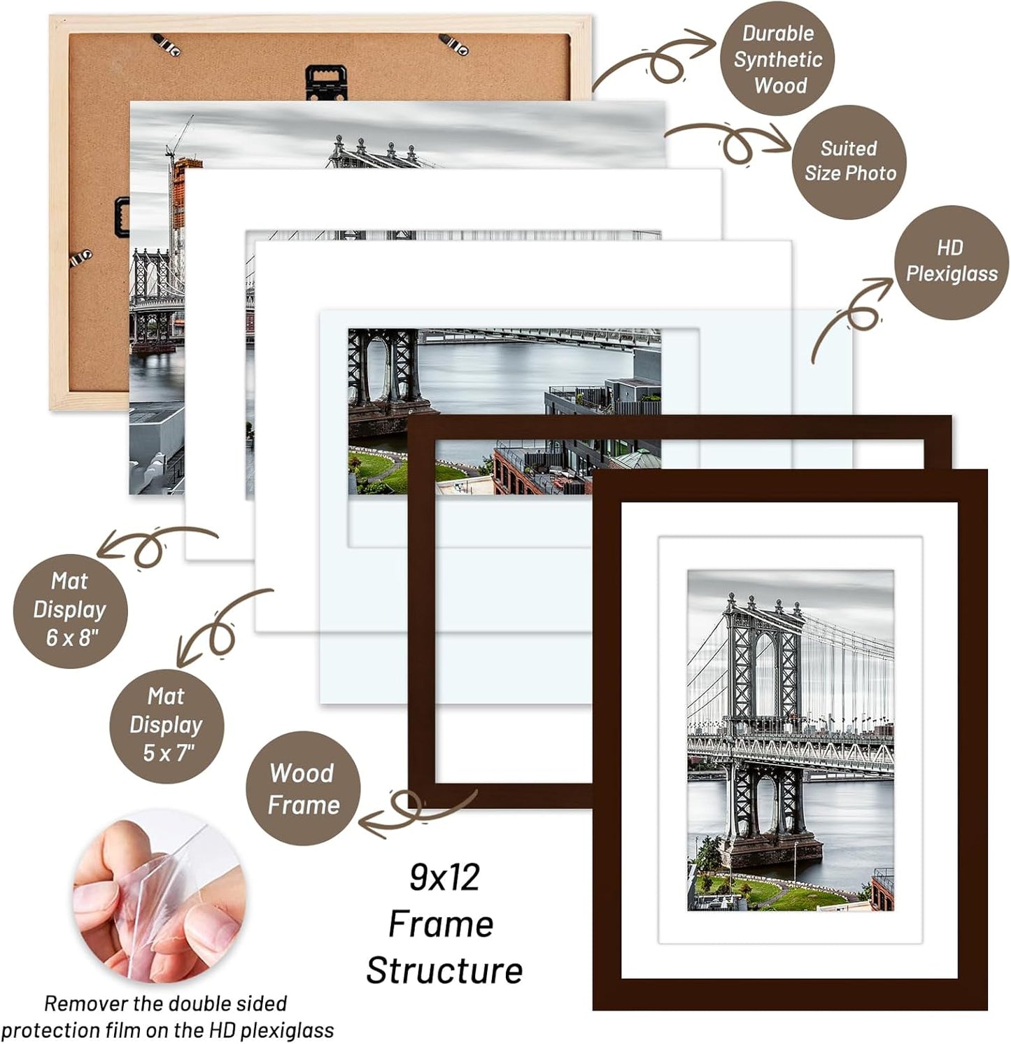 9x12 Picture Frames Solid Wood Display Pictures 6x8 or 5x7 with Mat, 9x12 Frame without Mat for Wall Mounting or Table Top (Brown)