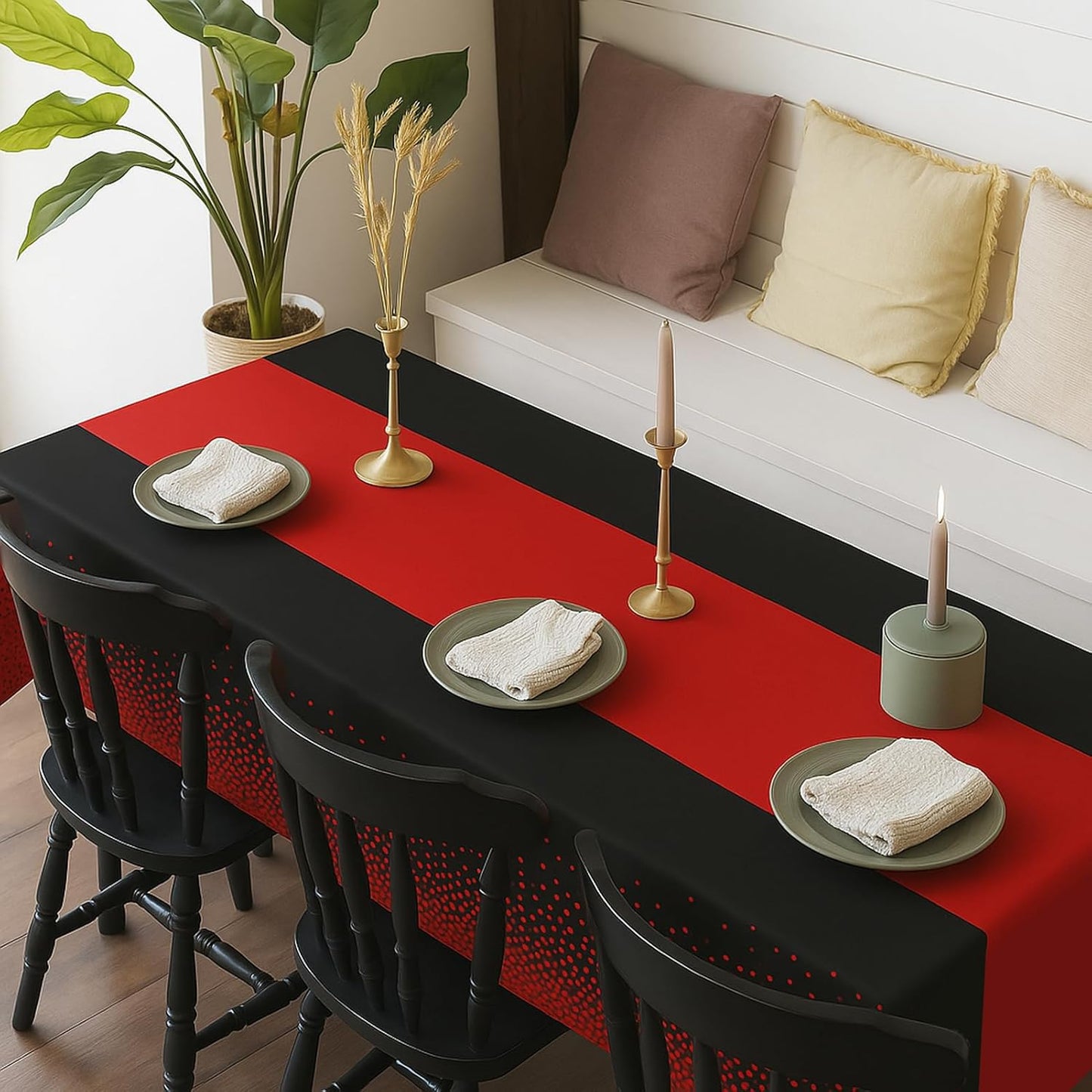 2in1 Disposable Plastic Tablecloths 54" x 108" Black and Red Dot Kitchen Table Cloth Rectangle Table Cover for Wedding Birthday Baby Shower Anniversary Christmas Graduation (Black/Red, 16 Pack)