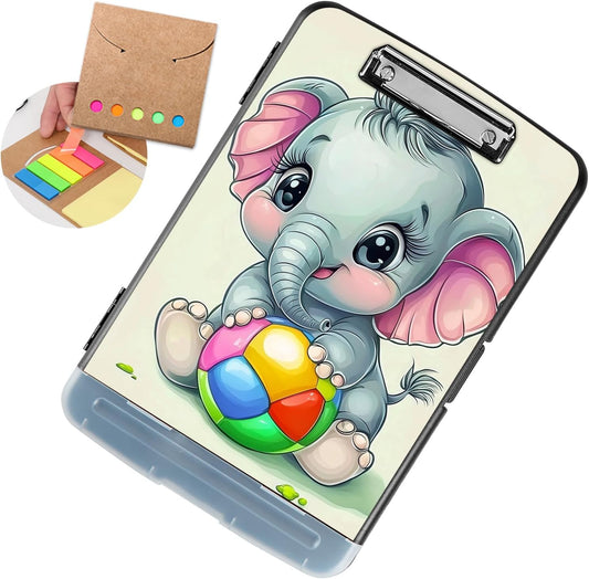 Clipboard with Storage - Large Capacity,Nursing Clipboard with Pen Holder,Heavy Duty,Plastic Side-Opening Folder for Teacher,Nurse - Cute Elephant