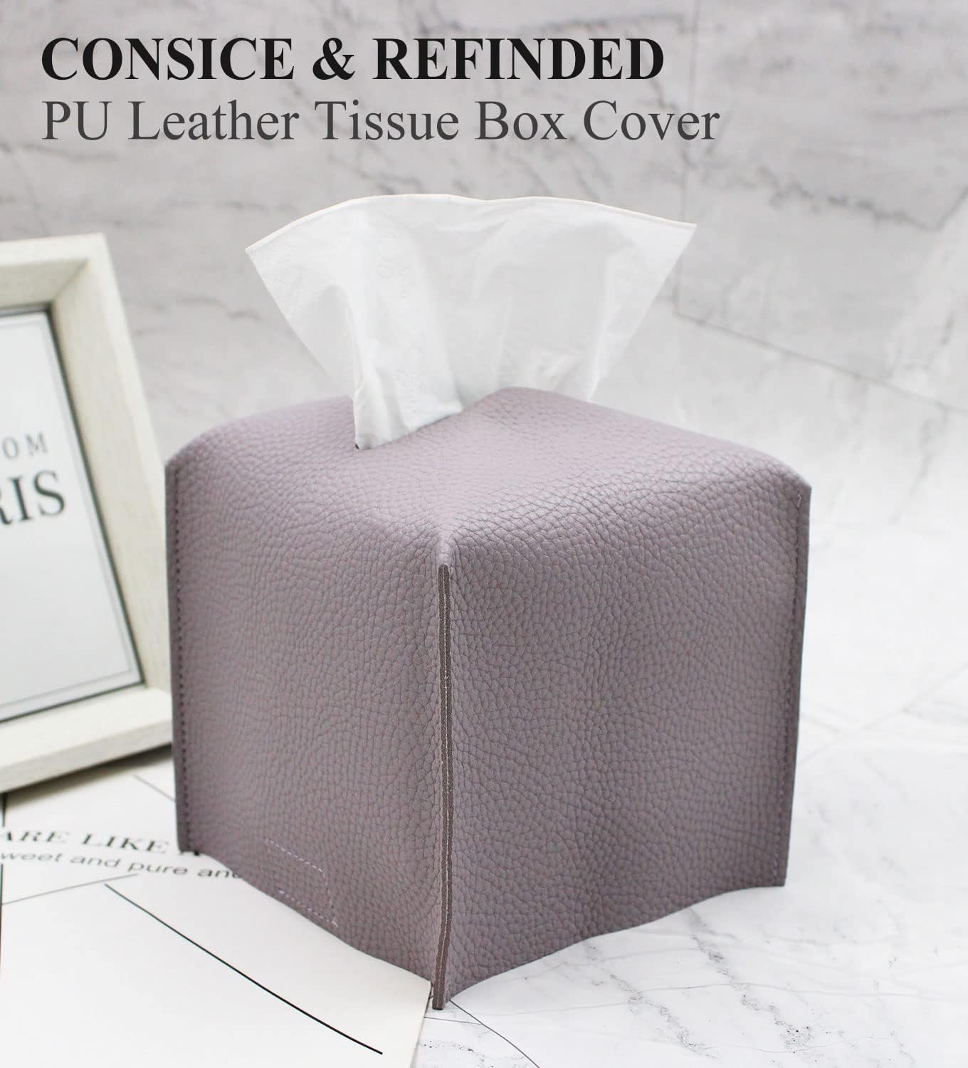 Livelab Tissue Box Cover, Square Decorative PU Leather Tissue Box Holder Modern Tissue Case Facial Paper Organizer Dispenser for Bathroom, Vanity Countertop, Night Stand, Desk 5X5X5'' | Light Purple