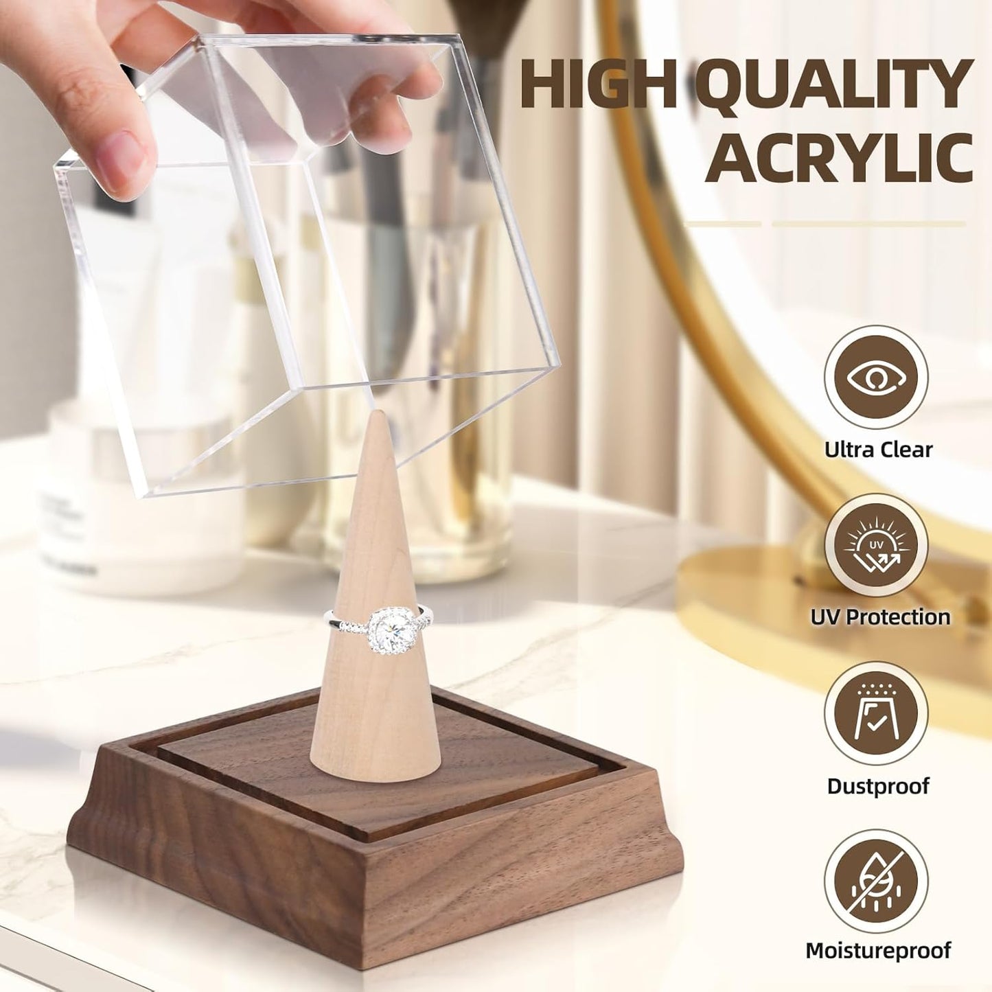 Championship Ring Display Case Baseball Softball Football Ring Holder Wanult Wood Base Acrylic Sports Ring Display Case Stand for Men Wooden Ring Box for Women Memorabilia Showcase Cube Collectibles