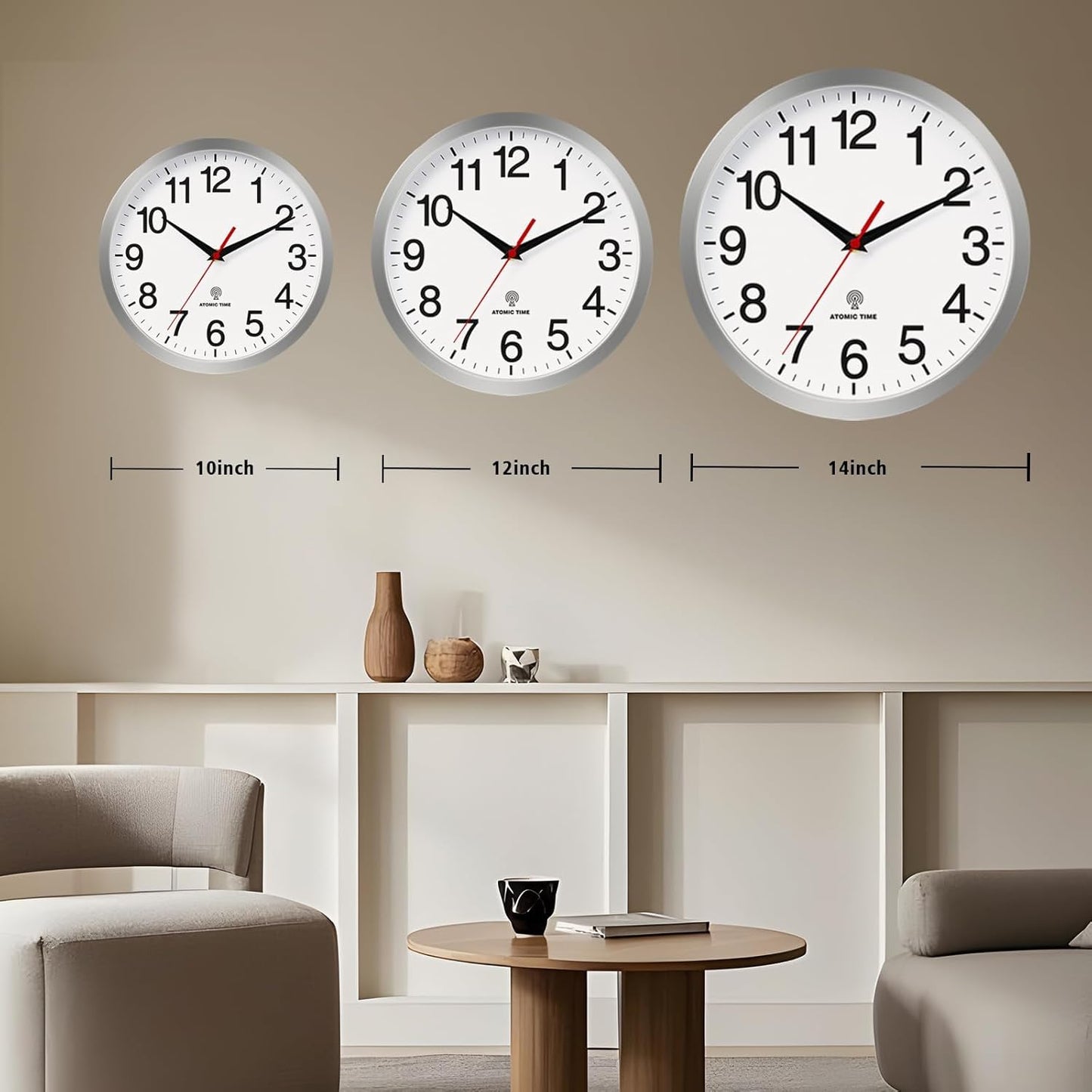 Atomic Wall Clock Modern 14 Inch Battery Operated Silent Non Ticking Analog Clock Decorative for Bedroom Kitchen Bathroom Office Home Living Room (Silver)