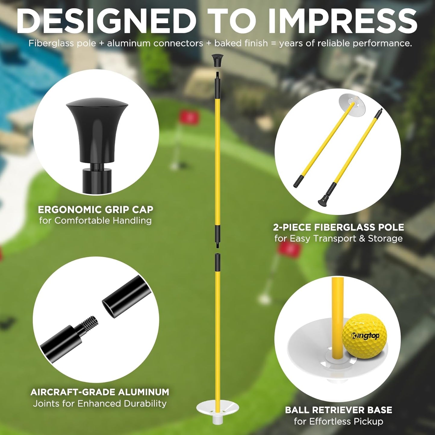 KINGTOP Golf Flagstick Mini, Practice Putting Green Flags for Yard, All 3 Feet, Golf Pin Flag Hole Cup Combo Kit, Fiberglass Portable 2-Section Design, Double-Side American Flag