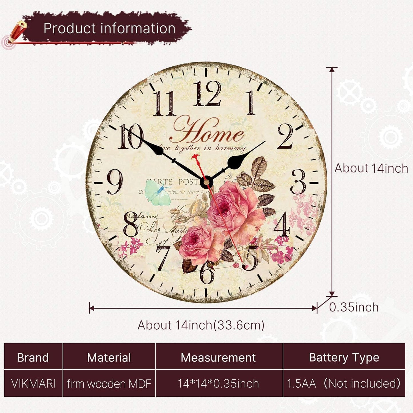VIKMARI 14 Inch Wooden Wall Clock Art Hanging Clocks Silent Non-Ticking Wall Clock Battery Operated Round Home Flowers Style Arabic Numeral Decorative Wall Clocks