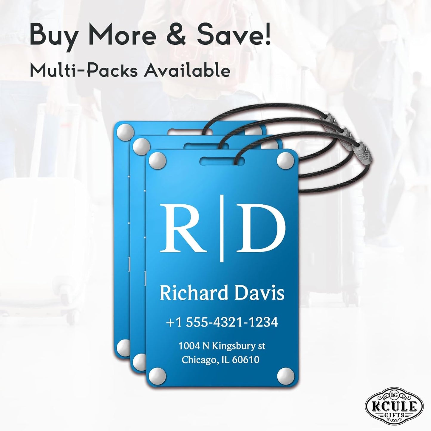 Personalized Luggage Tags for Suitcases - Monogram Style Aluminum Custom Luggage Tags for Backpacks & Bags, Sturdy, Waterproof & Heavy Duty (Blue/Card-Sized)