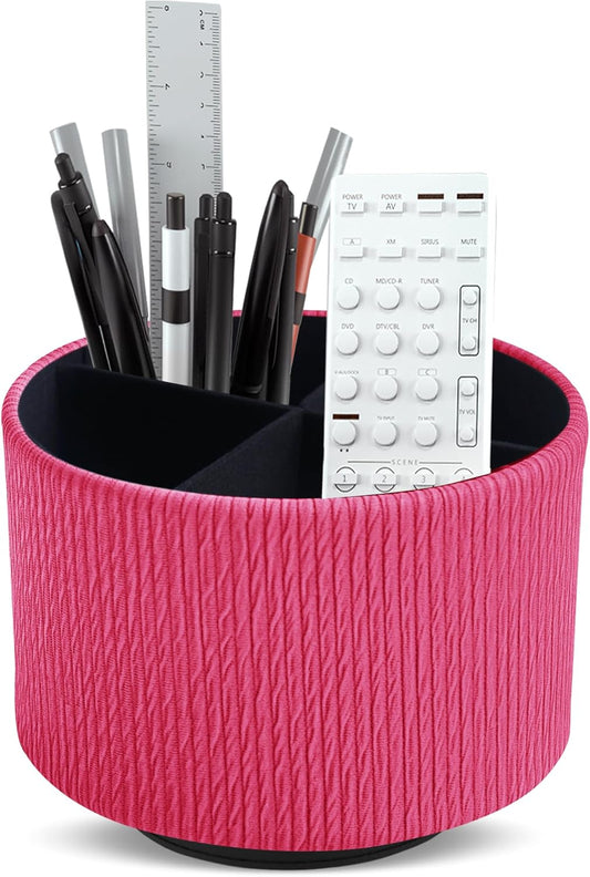Hennaja Round Leather Art Supply Organizer,Remote Control Holder,360 Degree Spinning,Multi-Functional Pencil Holder,4 Compartments Desktop Stationary Organizer(1-Vertical Wood Red)