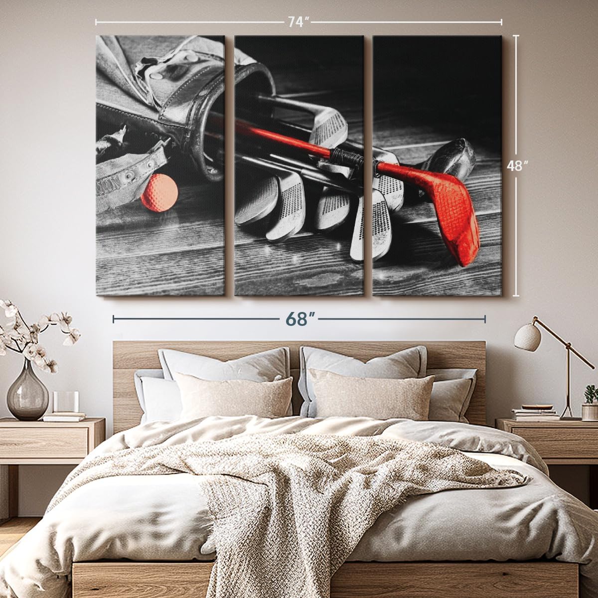 ElephantStock Golf Equipment Pop Wall Art - Horizontal Canvas - 3-Piece Living Room Wall Decor - Photography Sports Canvas Print - Black and Gray Decor for Wall - 74" X 48"
