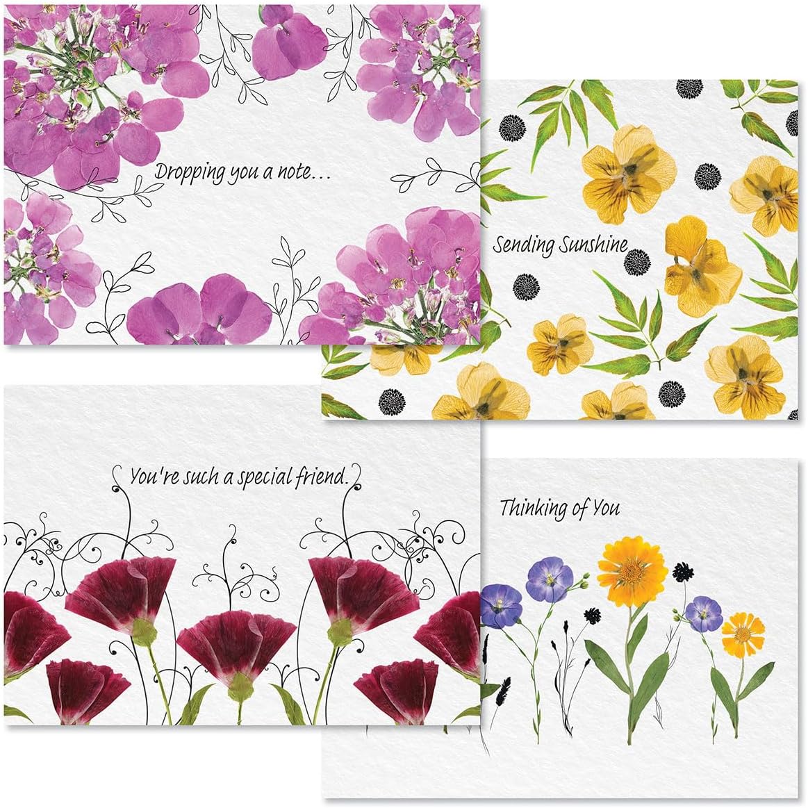 Current Pressed Flowers Thinking of You Friendship Greeting Card Set - Value Pack of 20 Cards With White Envelopes for Friends & Family, 10 Designs, Large 5" x 7" Assortment