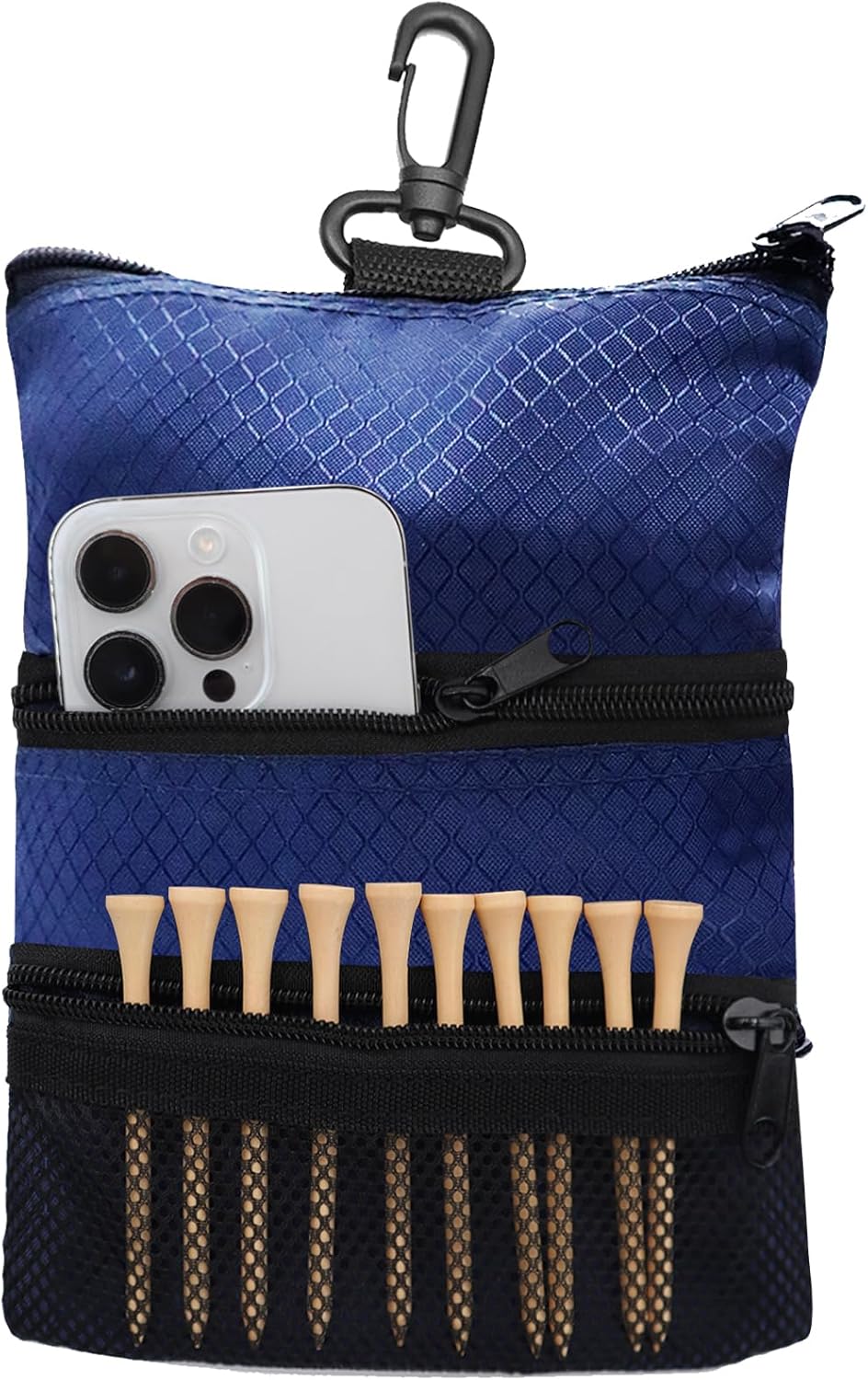 Golf Bag Accessories Valuables Pouch Bags Multi Pocket Zipper Hook with 10 Pcs Wood Golf Tees for Men Women