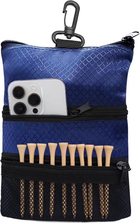 Golf Bag Accessories Valuables Pouch Bags Multi Pocket Zipper Hook with 10 Pcs Wood Golf Tees for Men Women