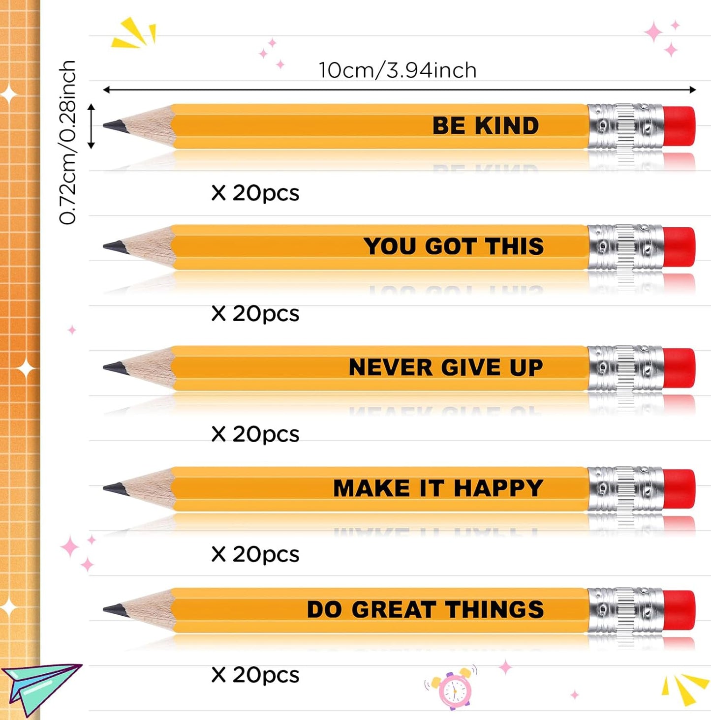 Jetec 100 Pcs Mini Pencils Bulk Inspirational Golf Wooden Half Pencils with Eraser and Motivational Sayings Back to School Gifts for Kids Student Teacher First Day of School(Yellow Color)