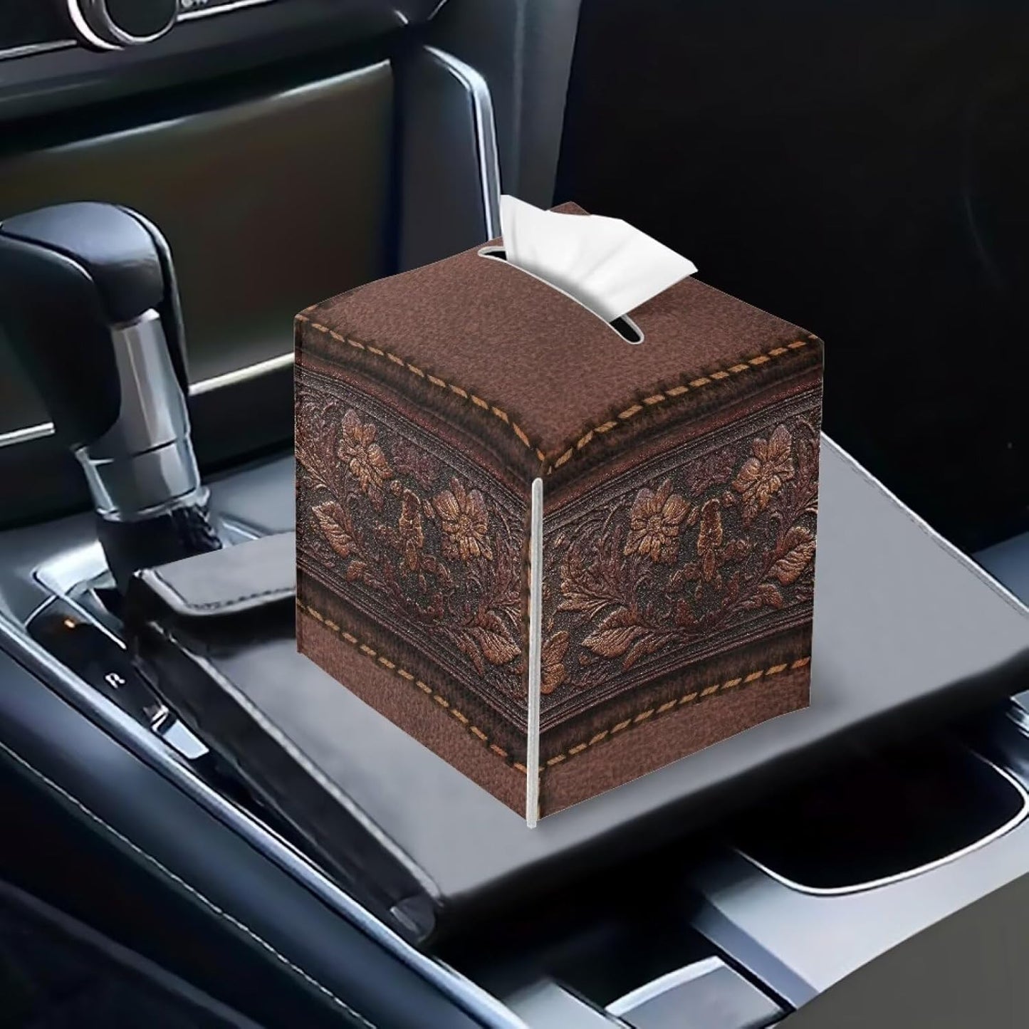 Retro Tissue Box Cover Square Tissue Holder Brown Facial Paper Box Holder Modern Home Bathroom Living Room Decor Leather Material & Waterproof