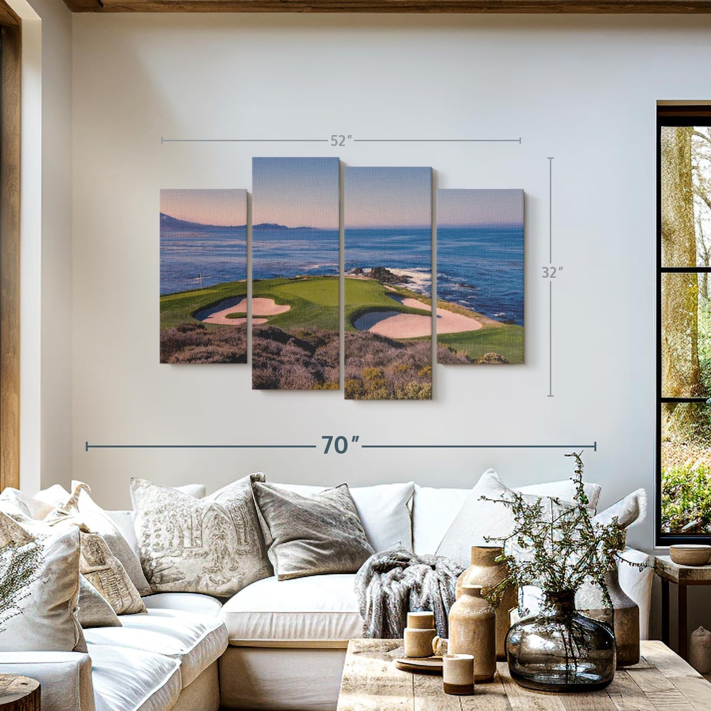 ElephantStock Pebble Beach Golf Club Wall Art - Horizontal Canvas - 4-Piece Living Room Wall Decor - Luxury Photography Canvas Print - Beige and Blue Decor for Wall - 52" X 32"