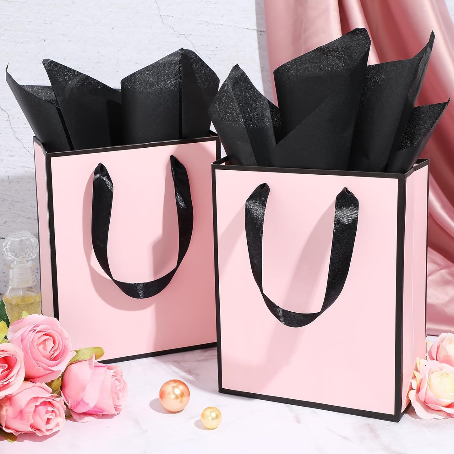 Yeaqee 24 Pack Metallic Paper Gift Bags with Handle and Tissue 9x7x3.1 Gold Foil Welcome Favor Bags Return Gifts for Wedding Fall 5 Senses Christmas Bridesmaid Birthday(Light Pink and Black)