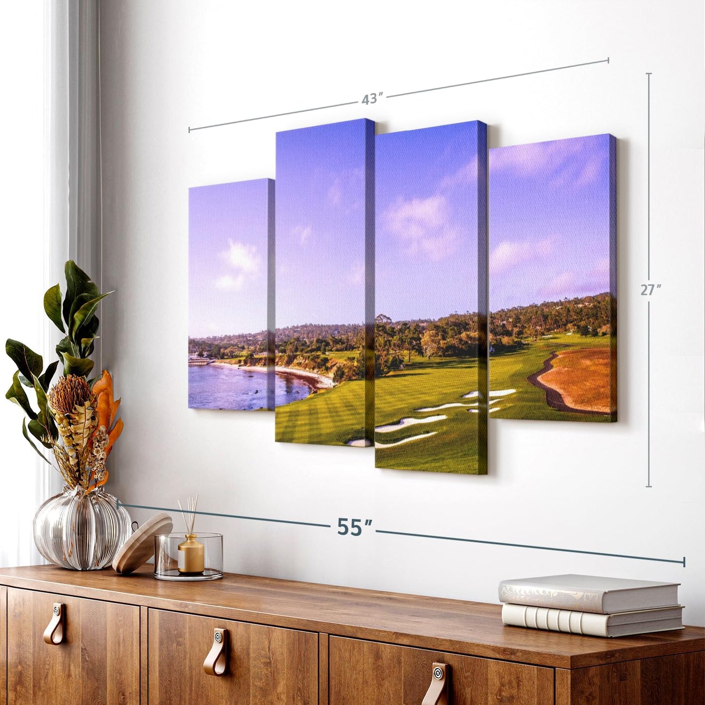 Elephant Stock Coastline Green Golf Course Wall Art - Horizontal Canvas - 4-Piece Living Room Wall Decor - Photography Sports Canvas Print - Blue and Gray Decor for Wall - 43" X 27"