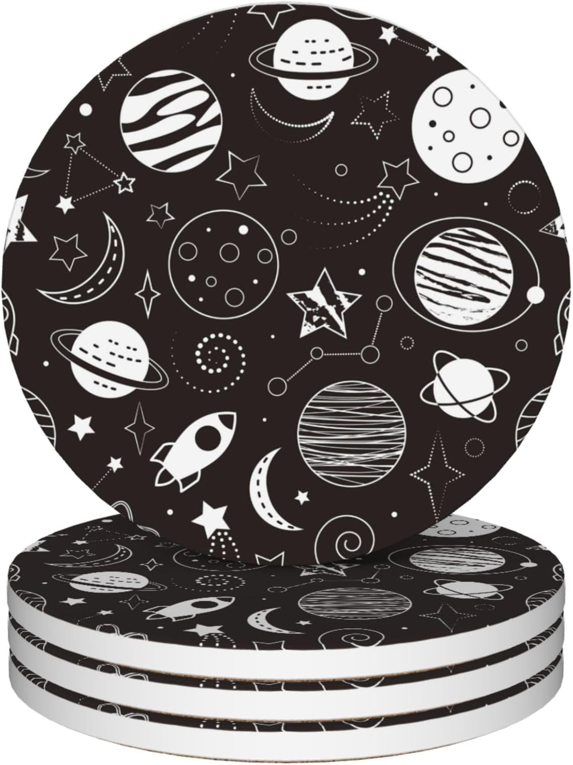 Drinks Coasters Set of 4, Cute Planets Rockets Round 4" Cup Coasters, Absorbent Ceramic Stone Coasters with Cork Base, Cute Coasters for Table Home Décor, Ideal Gifts for Women Men