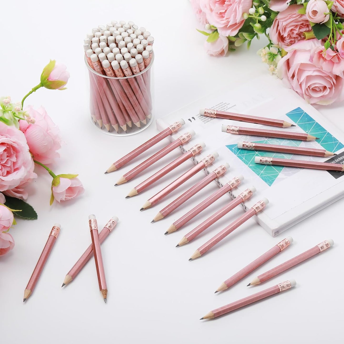 Outus 72 Pieces Golf Pencils Half Pencils with Eraser Mini Bulk Short #2 HB Pre Sharpened for Bridal Shower Wedding Office (Rose Gold)