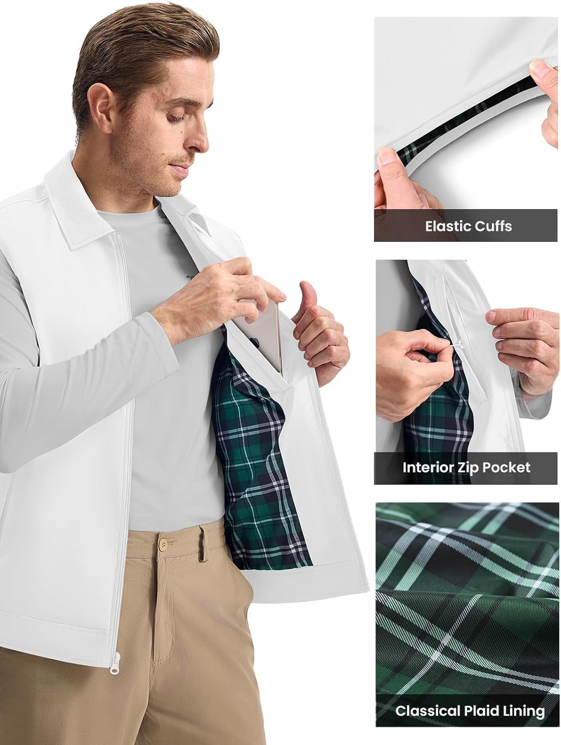 Rdruko Men's Golf Vest Lightweight Outerwear Windproof Water Resistant Grid Lining Vest with Zipper Pockets for Casual