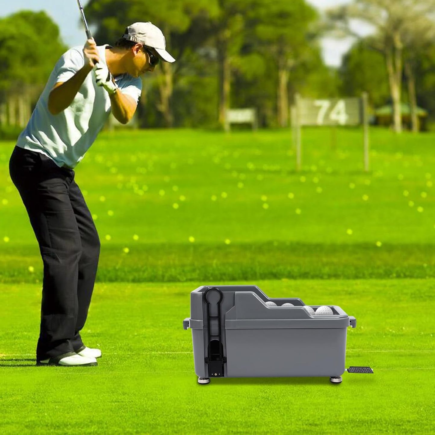 Automatic Golf Tee Machine with 9 Club Slots, Golf Ball Dispenser (Holds 100 Balls), No Electricity Needed – Golf Training & Practice Pitching Aid with 3 Batting Stands