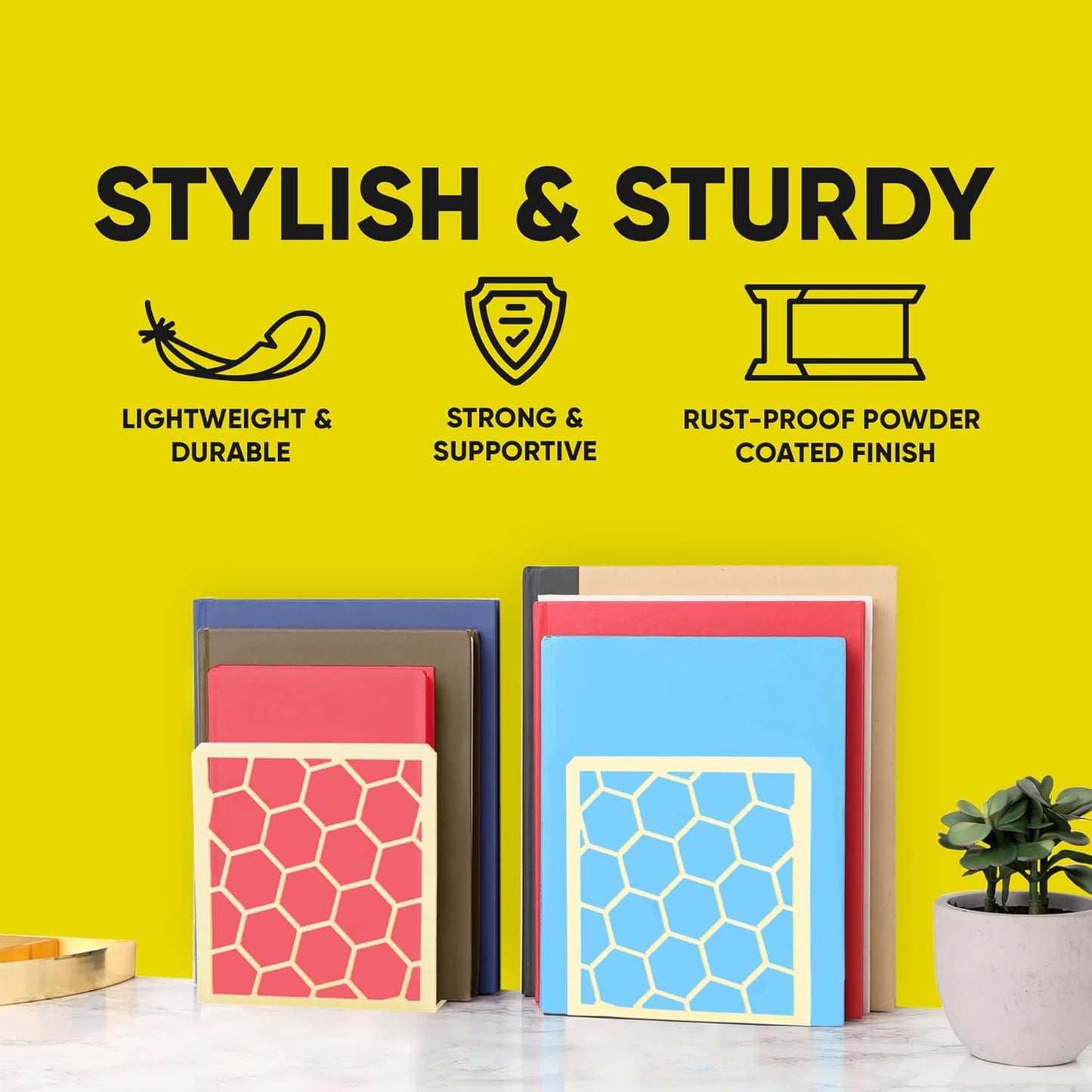 GEOMOD Geometric Honeycomb Yellow Metal Bookends Decorative - Tall Sturdy Book Ends for Shelves - Modern Heavy Duty Bookend Stopper - Office Shelf Book Holder - 6x3.25x6.25 Inches - 2 Pair