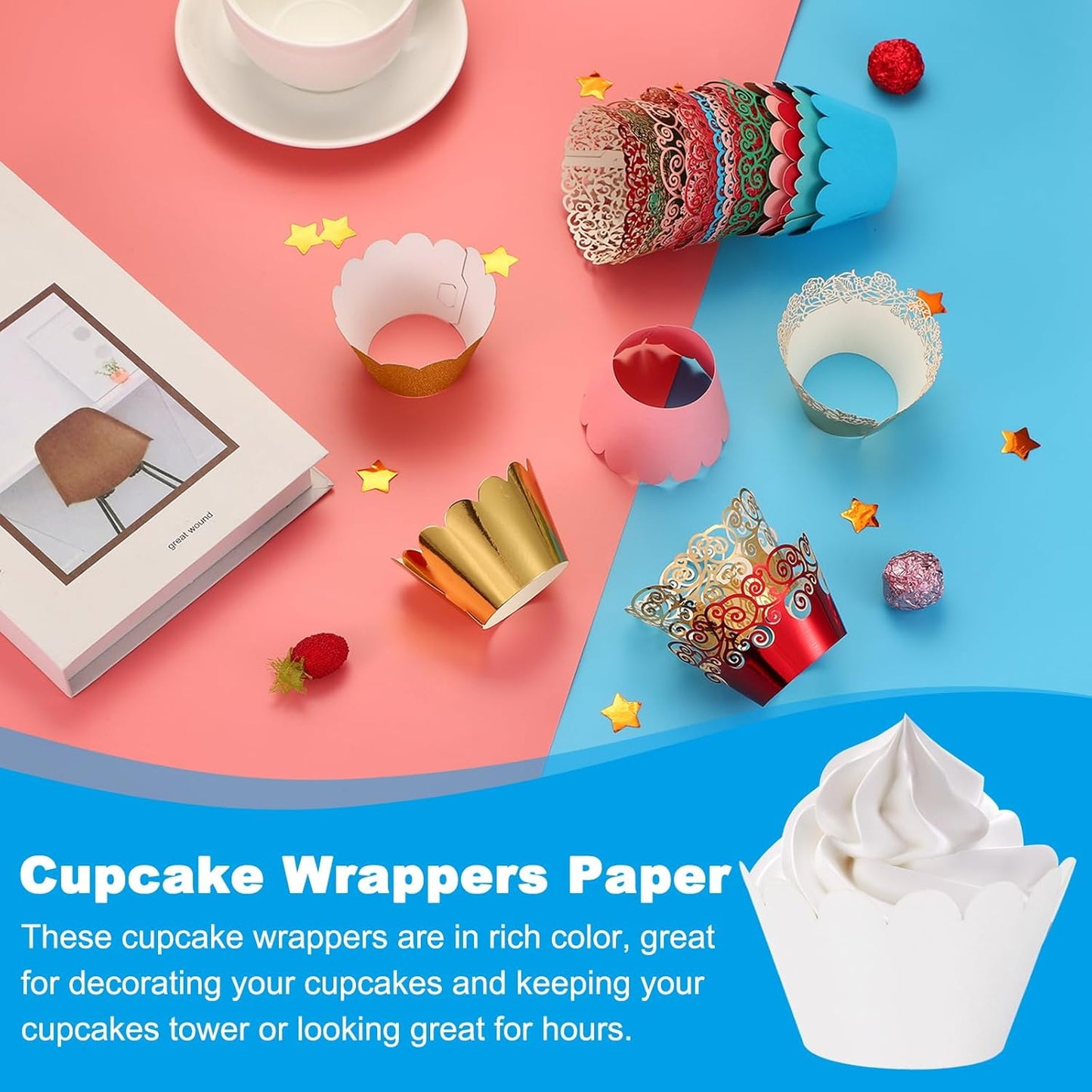PATIKIL Cupcake Wrappers Paper, 50 Pack Baking Cups Standard Wave Decoration for Anniversary Birthday Weddings and Parties, Beige