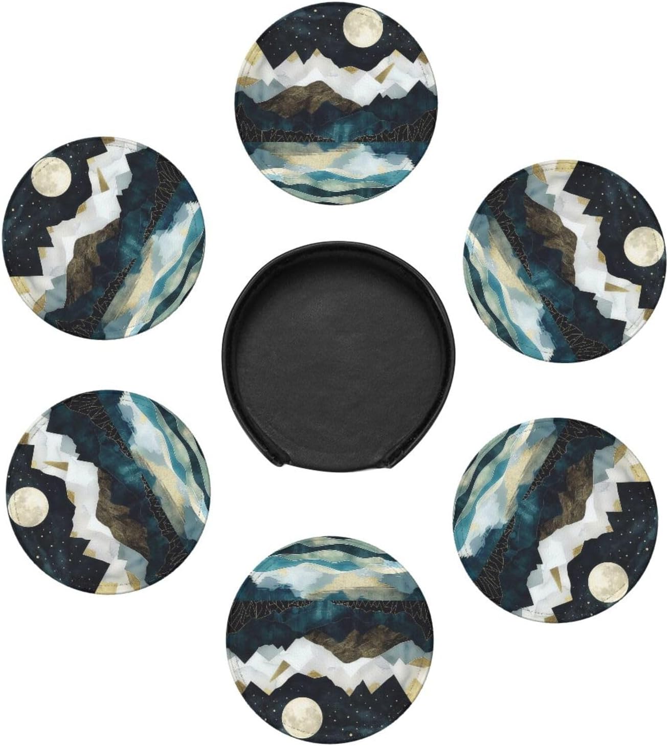 Mountain Sunset Leather Drinks Coasters with Holder Set of 6, Suitable for Kinds of Cups