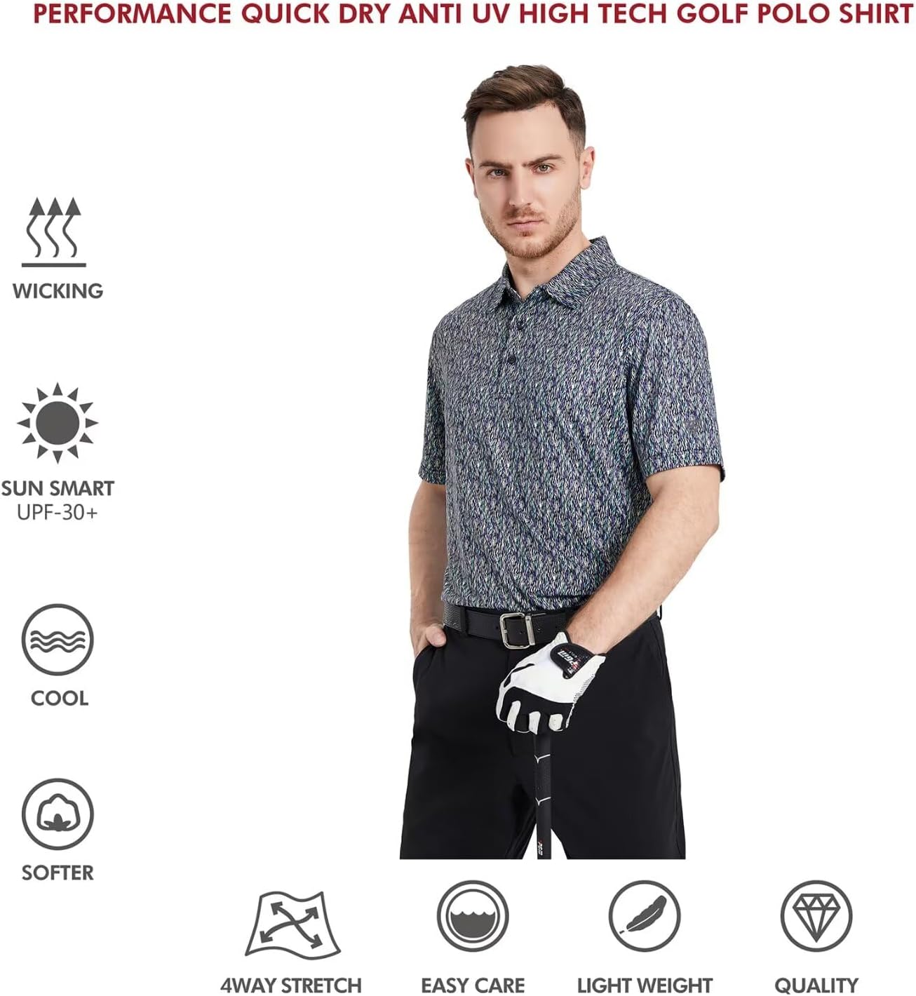 Golf Shirts for Men Dry Fit Short Sleeve Print Performance Moisture Wicking Polo Shirt