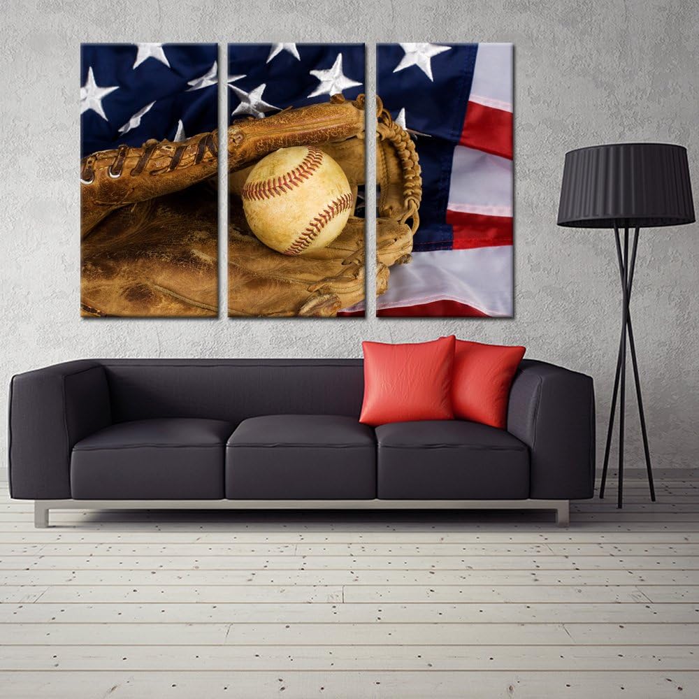 KREATIVE ARTS - Large 3 Pieces Canvas Prints Wall Art Baseball and American Flag Poster Sports Picture Printed On Canvas Stretched and Framed Artwork Gift for Home Living Room Decor 16x32inchx3pcs