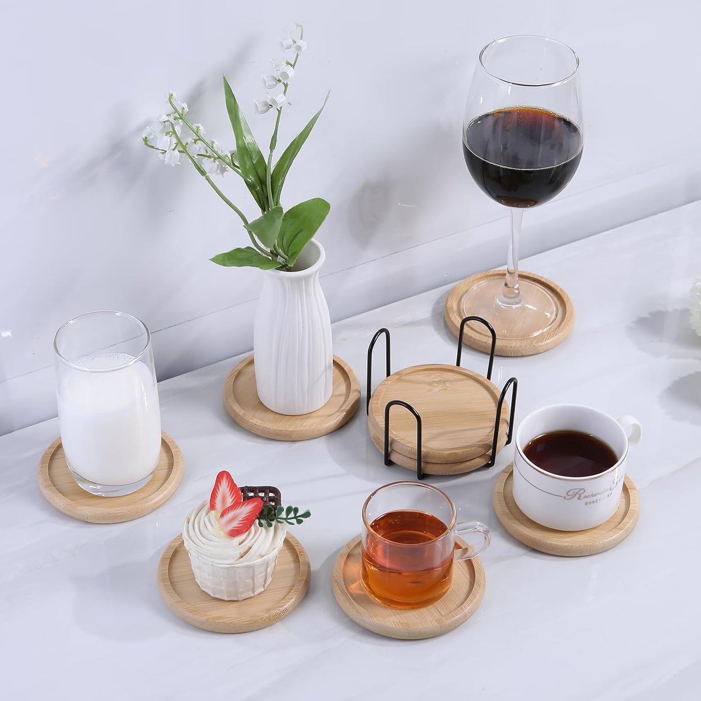 Bamboo 4 inch coaster [8 pcs] Coasters with Holder - Drinking Coasters - Cup Mat for Drinks - Live for Hot or Cold Drink - Non-slip and non-stick,Suitable for Kinds Cups and Living Room Decor