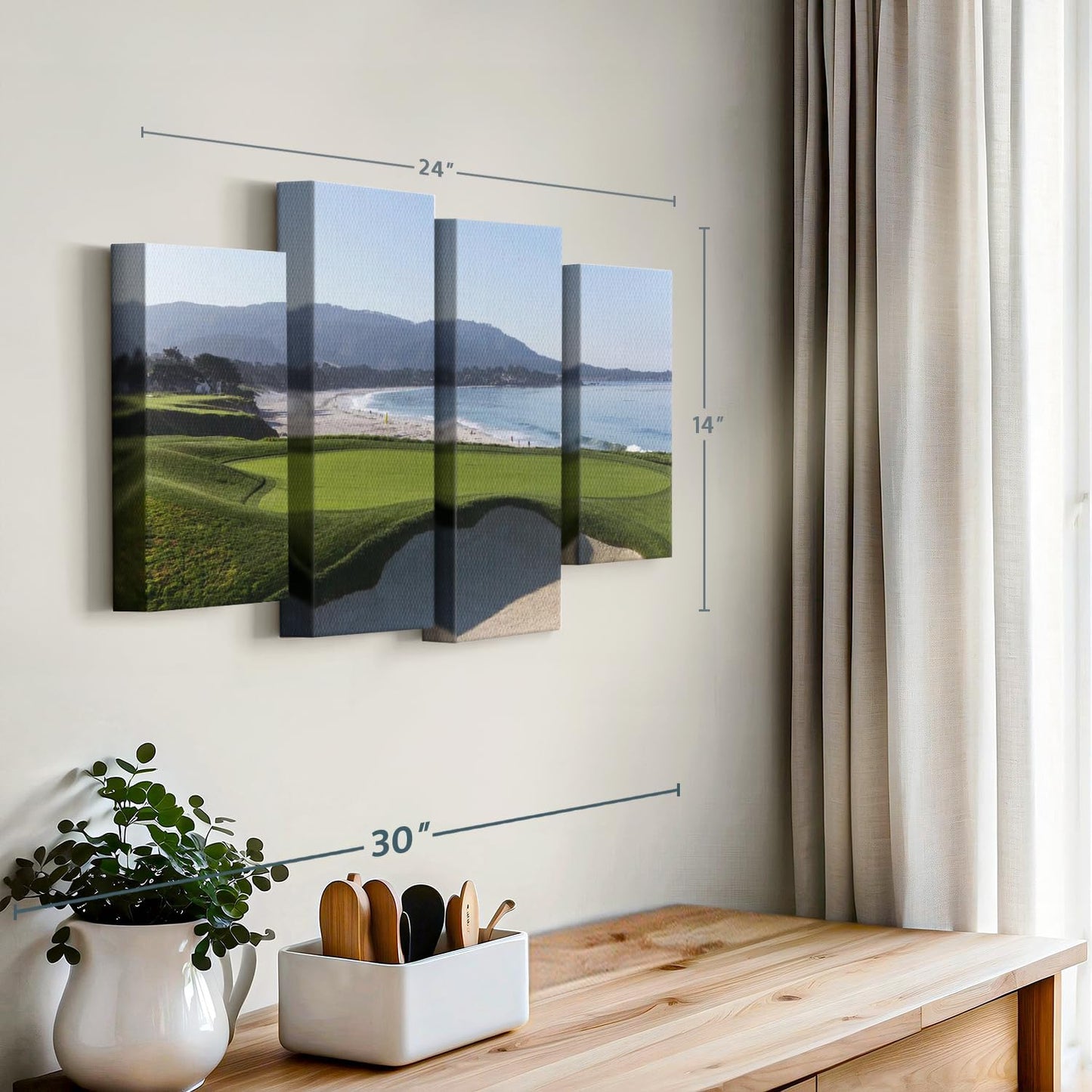 Elephant Stock Monterey CA Golf Course Wall Art - Horizontal Canvas - 4-Piece Living Room Wall Decor - Photography Sports Canvas Print - Blue and Green Decor for Wall - 24" X 14"