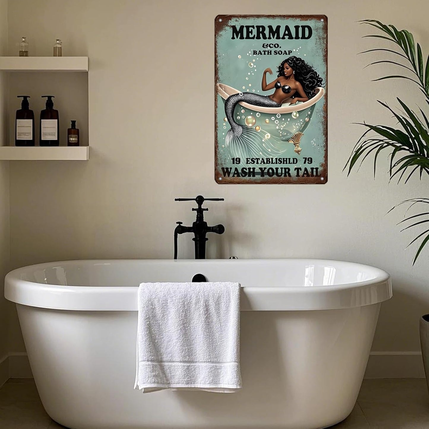 Funny Mermaid Company Bath Soap Metal Signs Wash Your Tail Sign Vintage Tin Sign Wall Decor Retro Tin Signs for Room Living Room Bathroom Toilet Hotel 12x8 Inch