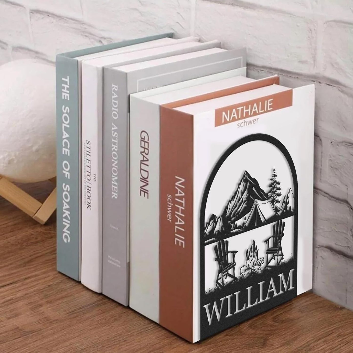 Personalized Name Metal Book Ends 2 Pcs, Modern Bookends for Shelves, Book Stopper for Heavy Books, Camping Bookshelf Decor, Book Organizer for Desk, Book Holders for Home Office, Gifts for Camper