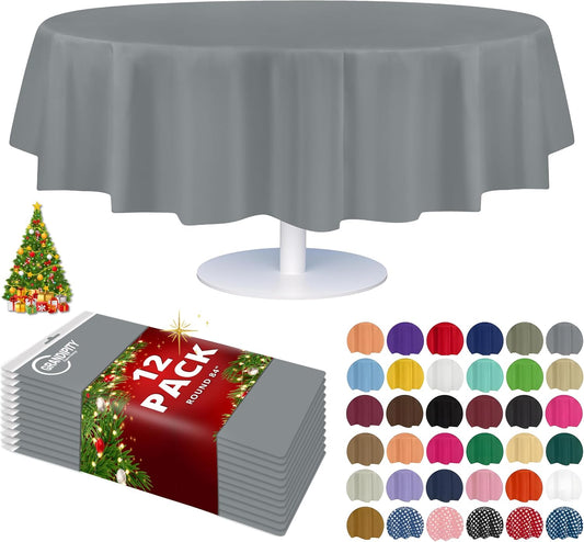 Grandipity 12 Pack Premium Disposable Plastic Tablecloth 84" Inch Decorative Round Table Cover - Silver