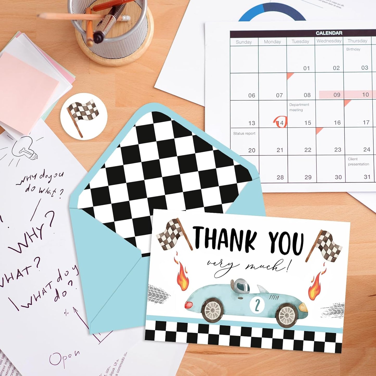 Whaline 24 Pack Race Car Thank You Cards Blue Racing Theme Note Cards with Envelopes Stickers Black White Plaid Greeting Blank Cards for Birthday Baby Shower